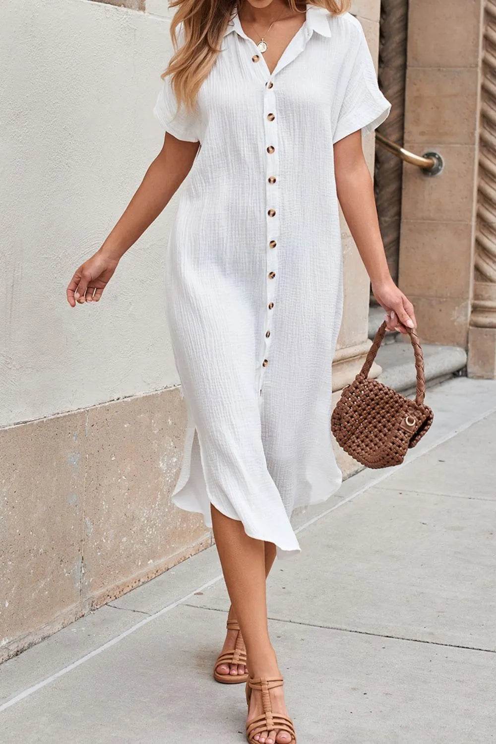 Button Down Short Sleeve Midi Shirt Dress - MARIGOLD