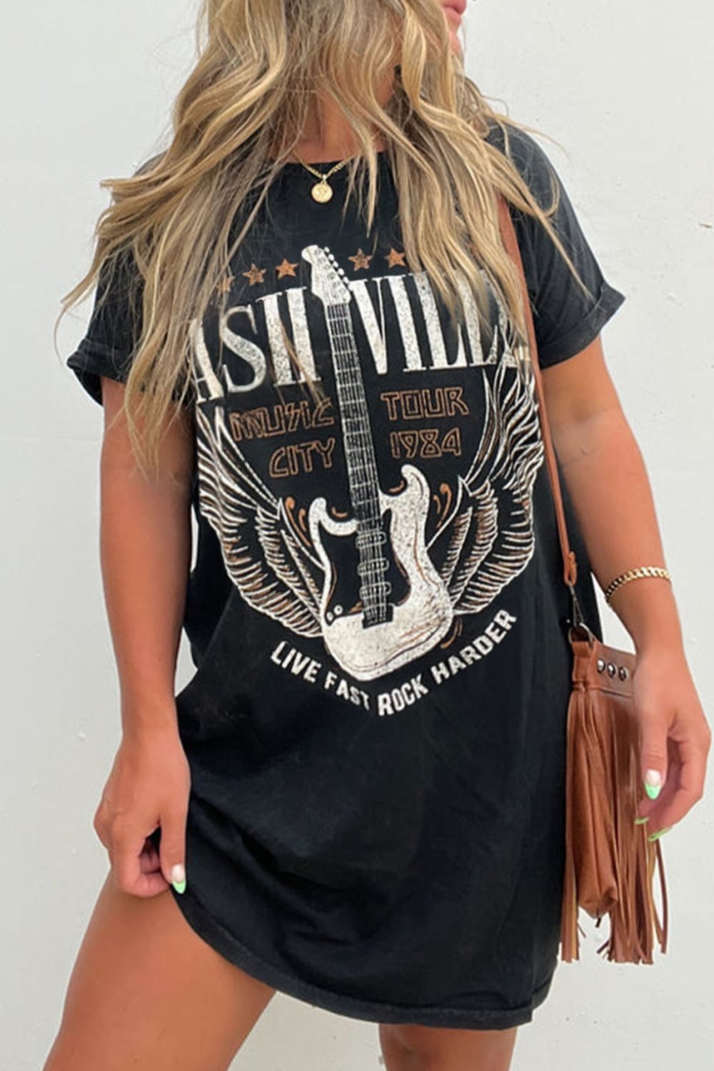Graphic Guitar Print Short Sleeve Tee Dress - MARIGOLD
