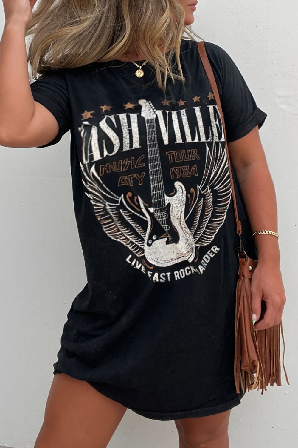 Graphic Guitar Print Short Sleeve Tee Dress - MARIGOLD