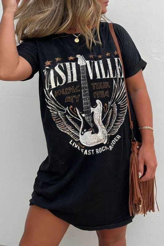 Graphic Guitar Print Short Sleeve Tee Dress - MARIGOLD