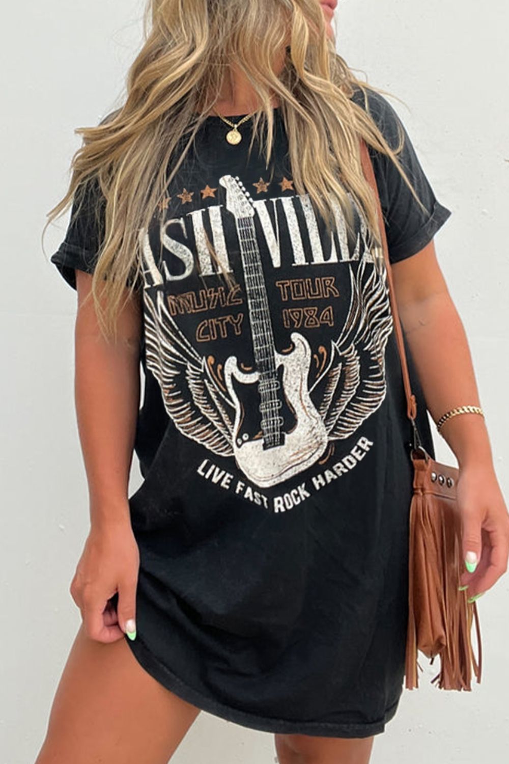 Graphic Guitar Print Short Sleeve Tee Dress - MARIGOLD