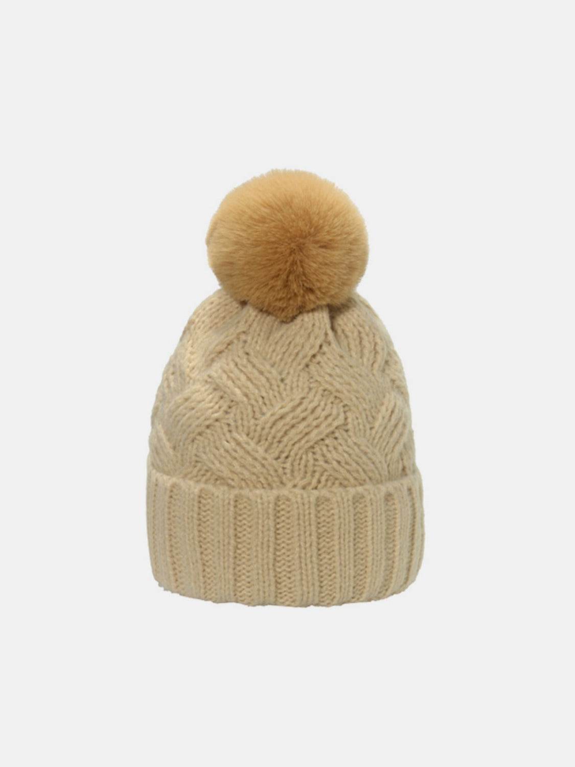 Cable-Knit Hat with Roll Rim and Pompom - MARIGOLD