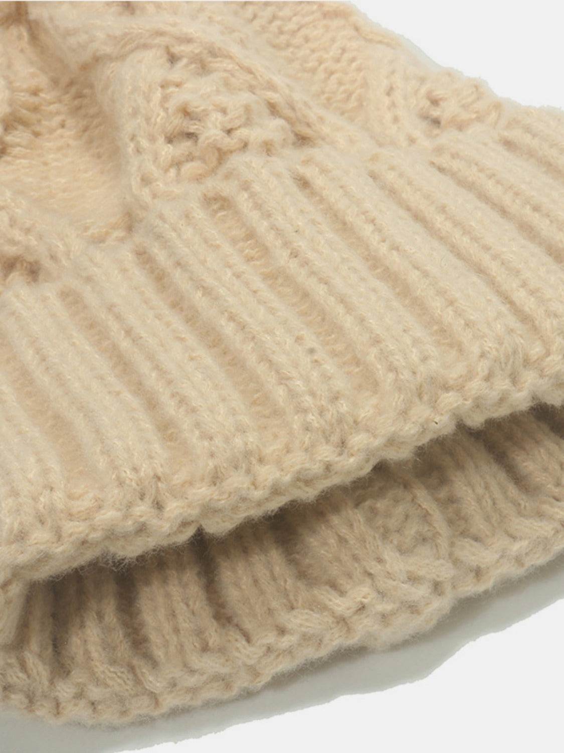 Cable-Knit Hat with Roll Rim and Pompom - MARIGOLD