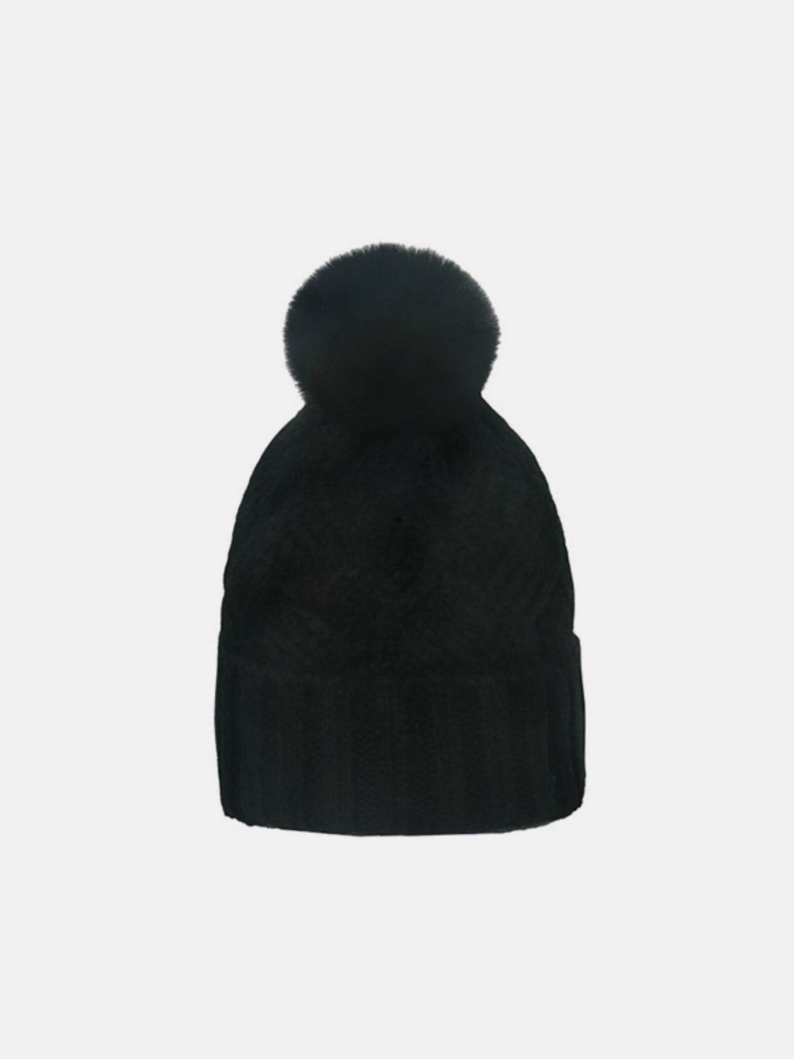 Cable-Knit Hat with Roll Rim and Pompom - MARIGOLD