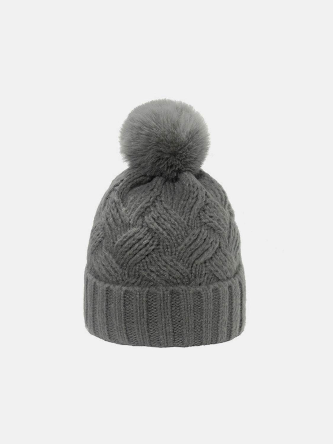 Cable-Knit Hat with Roll Rim and Pompom - MARIGOLD