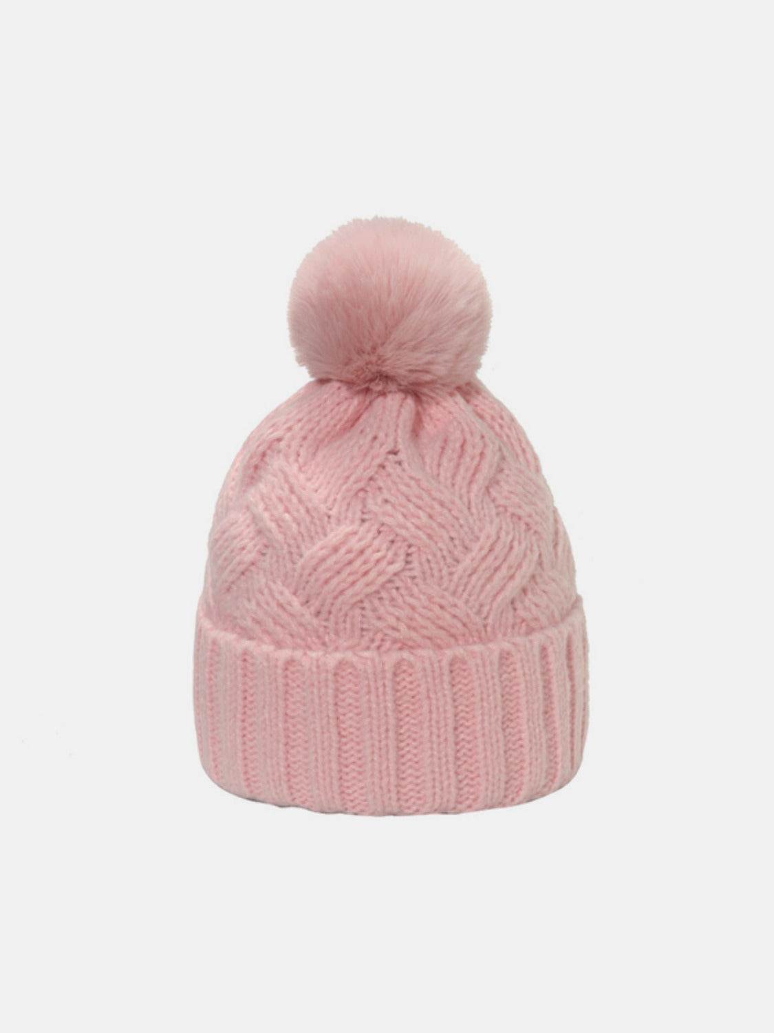 Cable-Knit Hat with Roll Rim and Pompom - MARIGOLD