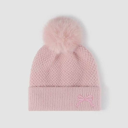 Women's Thermal Knit Beanie with Bow and Pompom - MARIGOLD
