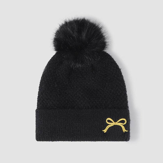 Women's Thermal Knit Beanie with Bow and Pompom - MARIGOLD