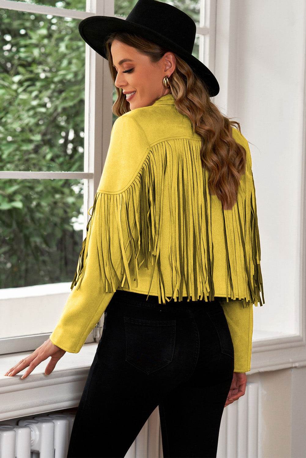 Fringe Trim Lapel Collar Cropped Blazer - MARIGOLD