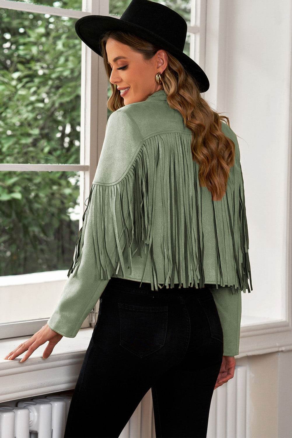 Fringe Trim Lapel Collar Cropped Blazer - MARIGOLD