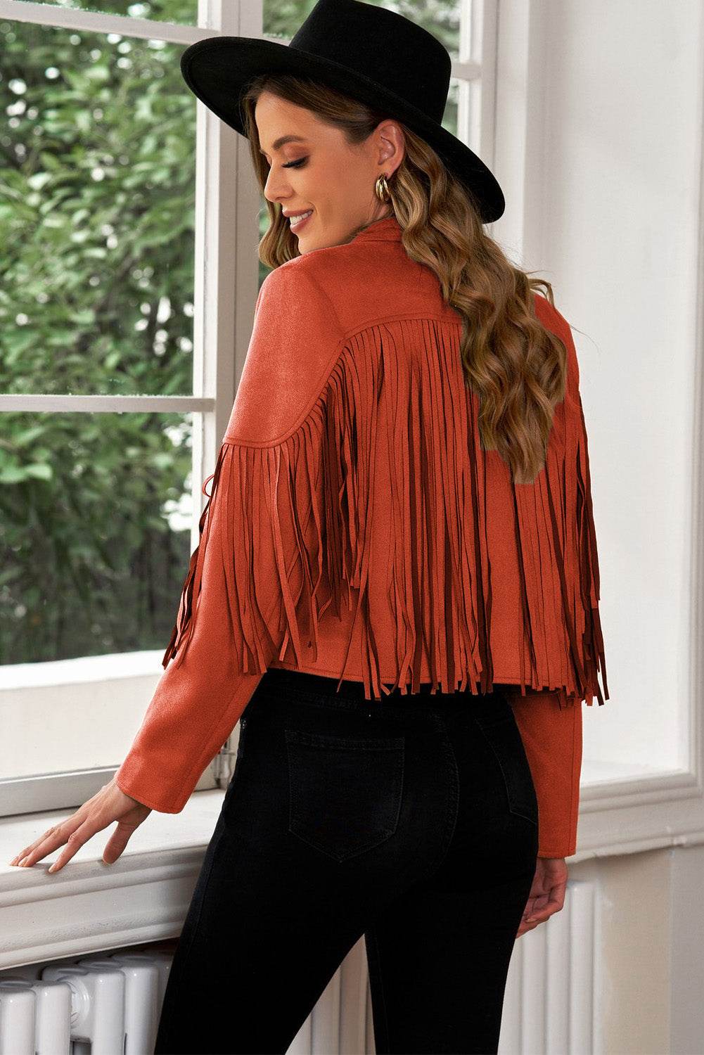 Fringe Trim Lapel Collar Cropped Blazer - MARIGOLD