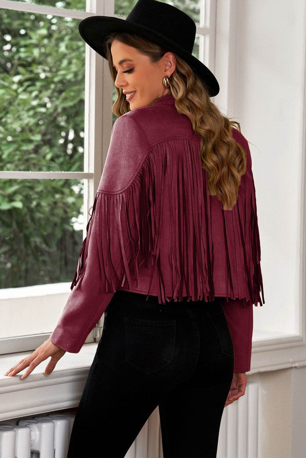 Fringe Trim Lapel Collar Cropped Blazer - MARIGOLD