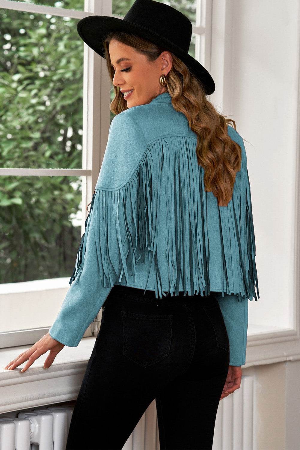 Fringe Trim Lapel Collar Cropped Blazer - MARIGOLD