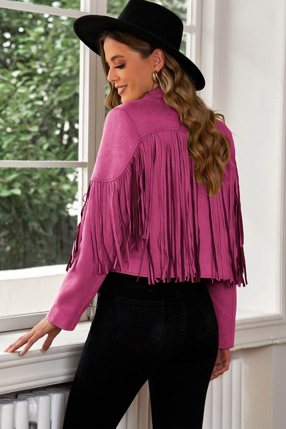 Fringe Trim Lapel Collar Cropped Blazer - MARIGOLD