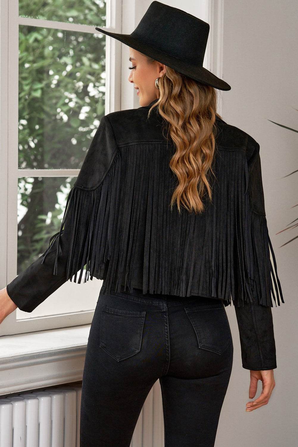 Fringe Trim Lapel Collar Cropped Blazer - MARIGOLD