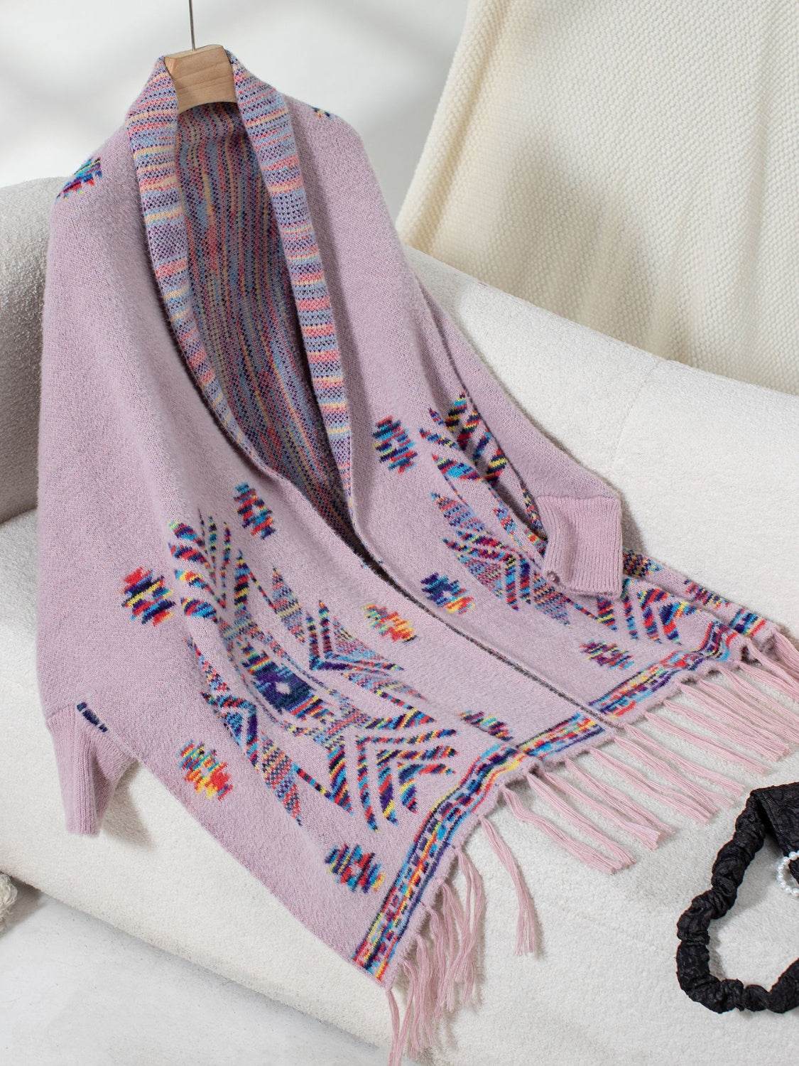 Fringe Geometric Open Front Long Sleeve Cape - MARIGOLD