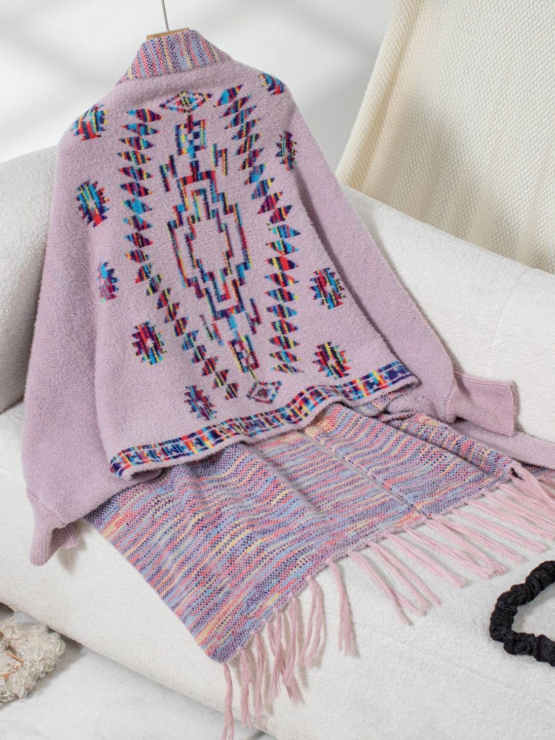 Fringe Geometric Open Front Long Sleeve Cape - MARIGOLD