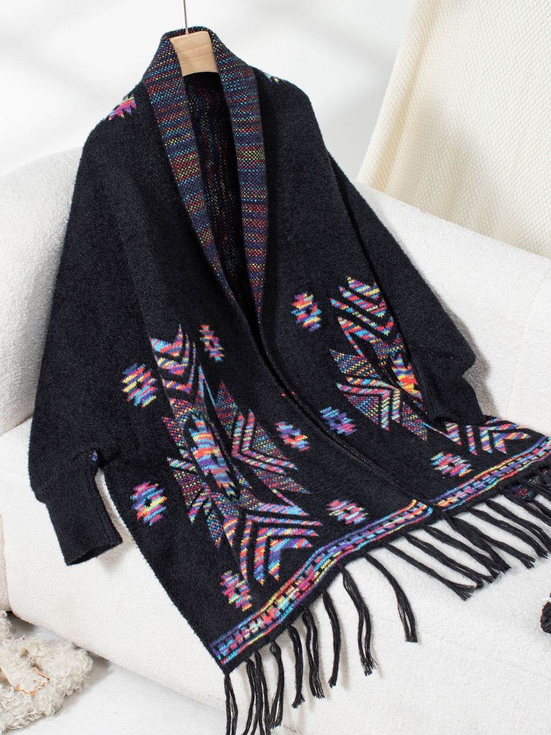 Fringe Geometric Open Front Long Sleeve Cape - MARIGOLD