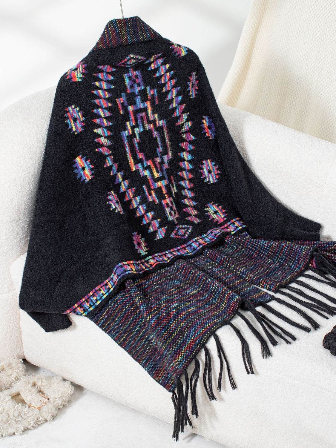 Fringe Geometric Open Front Long Sleeve Cape - MARIGOLD