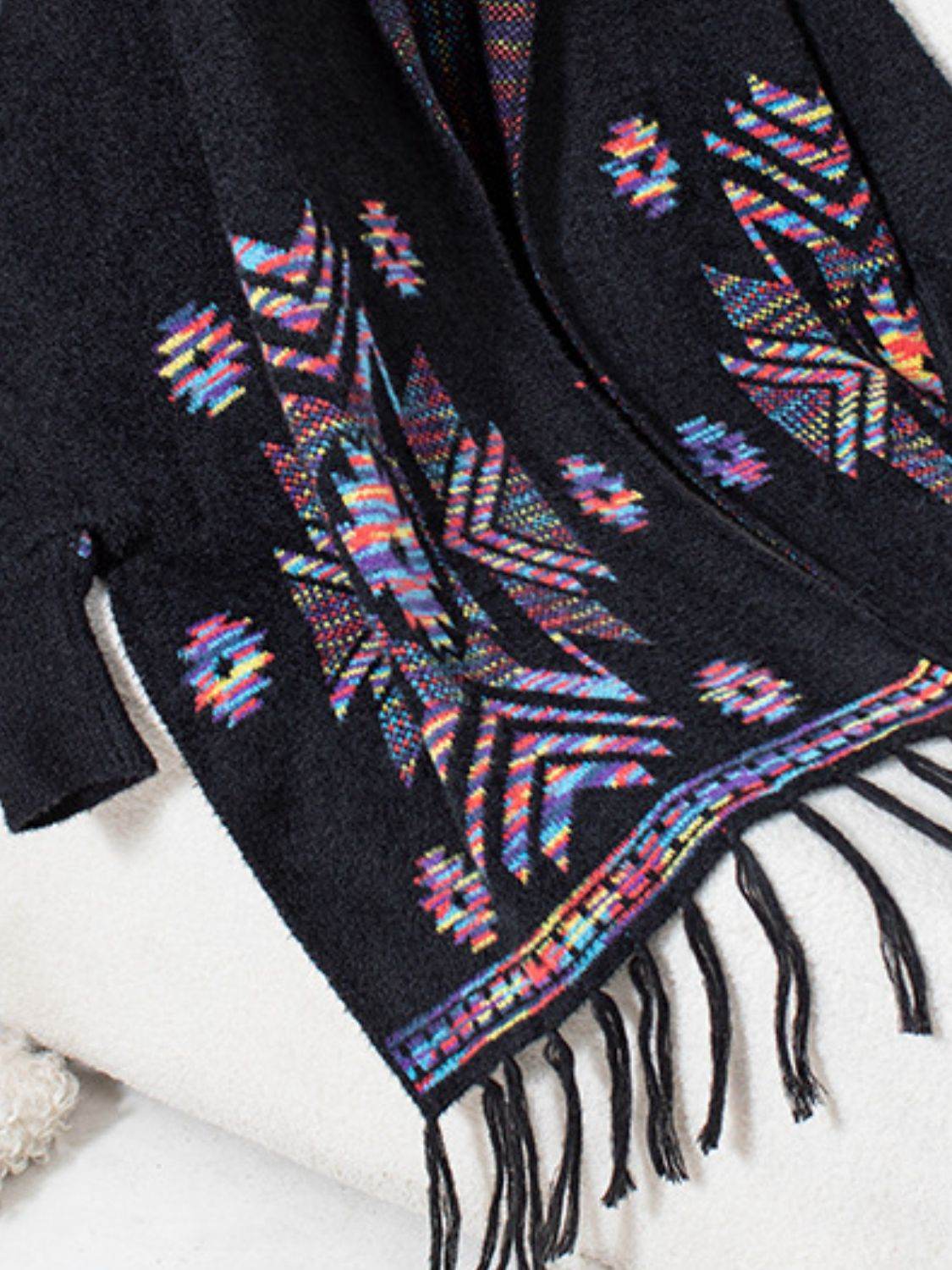 Fringe Geometric Open Front Long Sleeve Cape - MARIGOLD