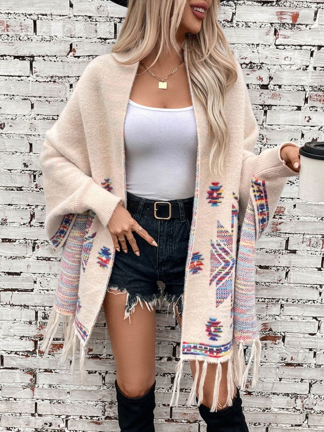 Fringe Geometric Open Front Long Sleeve Cape - MARIGOLD