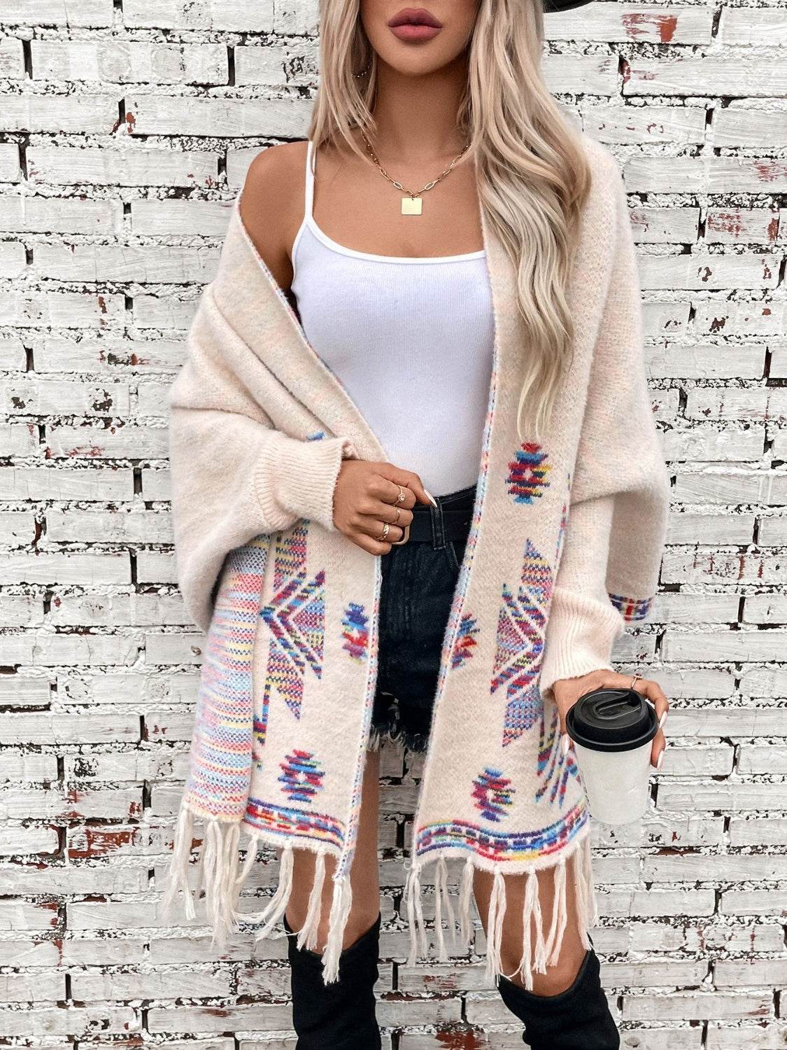 Fringe Geometric Open Front Long Sleeve Cape - MARIGOLD