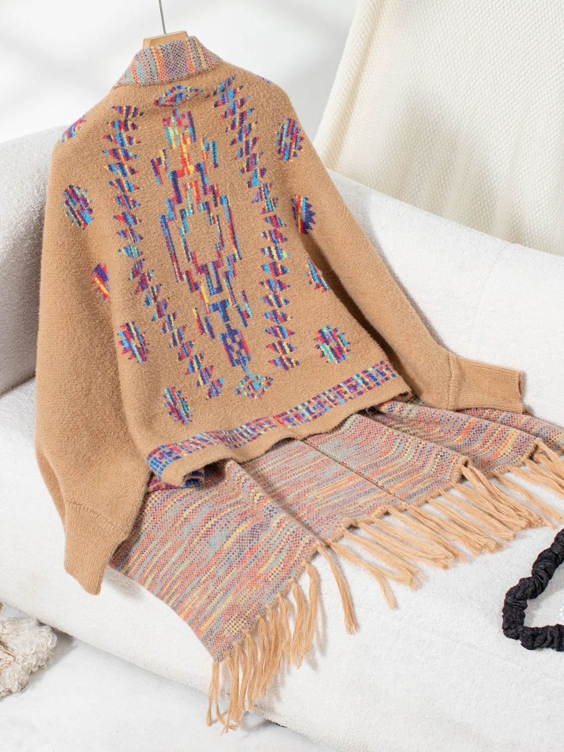 Fringe Geometric Open Front Long Sleeve Cape - MARIGOLD