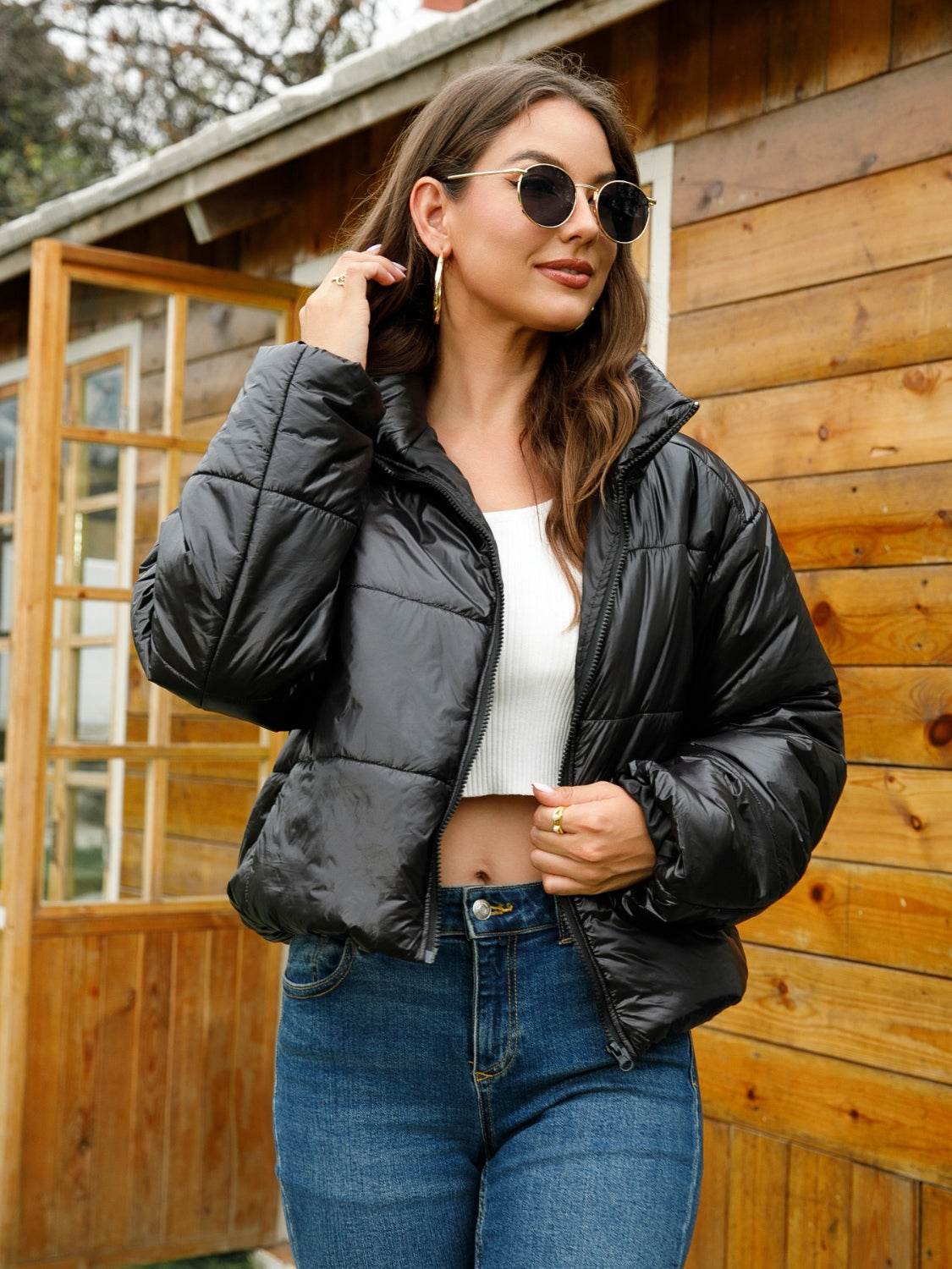 Zip-Up High-Neck Classic Puffer Jacket - MARIGOLD