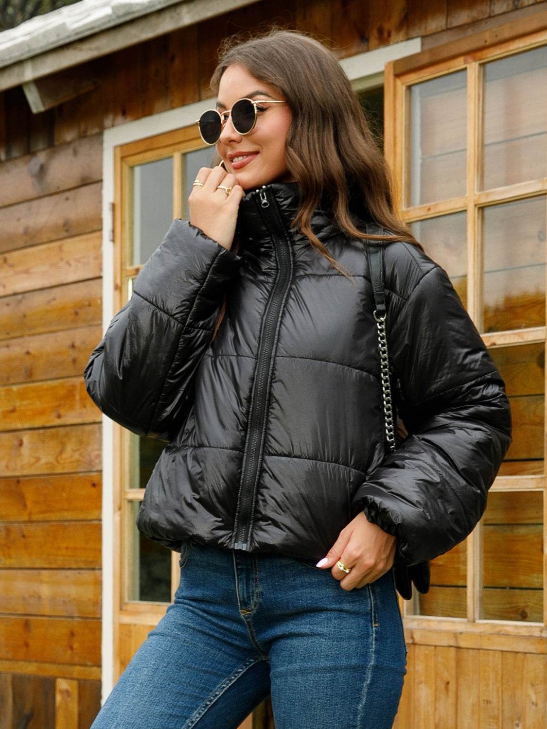 Zip-Up High-Neck Classic Puffer Jacket - MARIGOLD