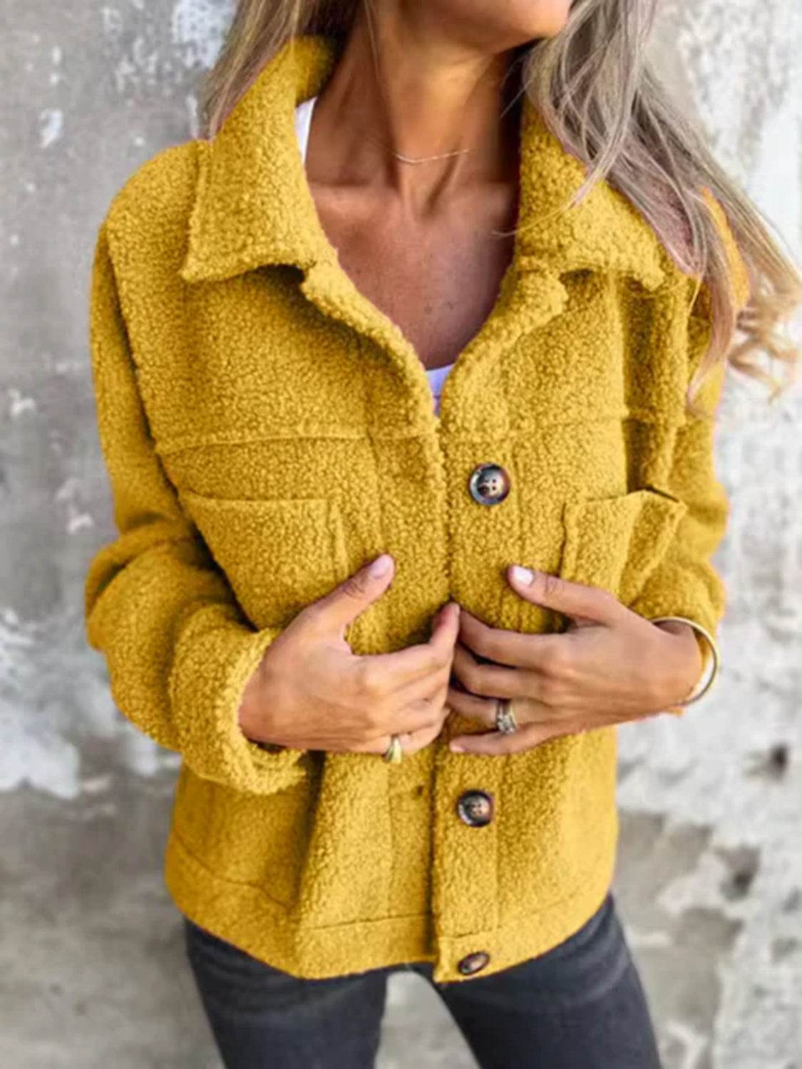 Fuzzy Long Sleeve Button-Up Jacket - MARIGOLD