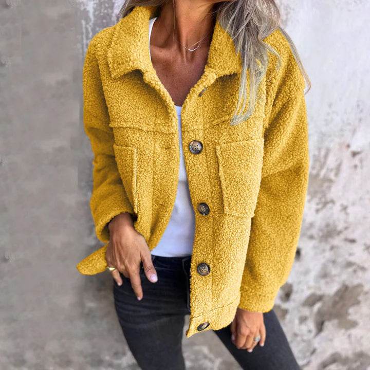 Fuzzy Long Sleeve Button-Up Jacket - MARIGOLD