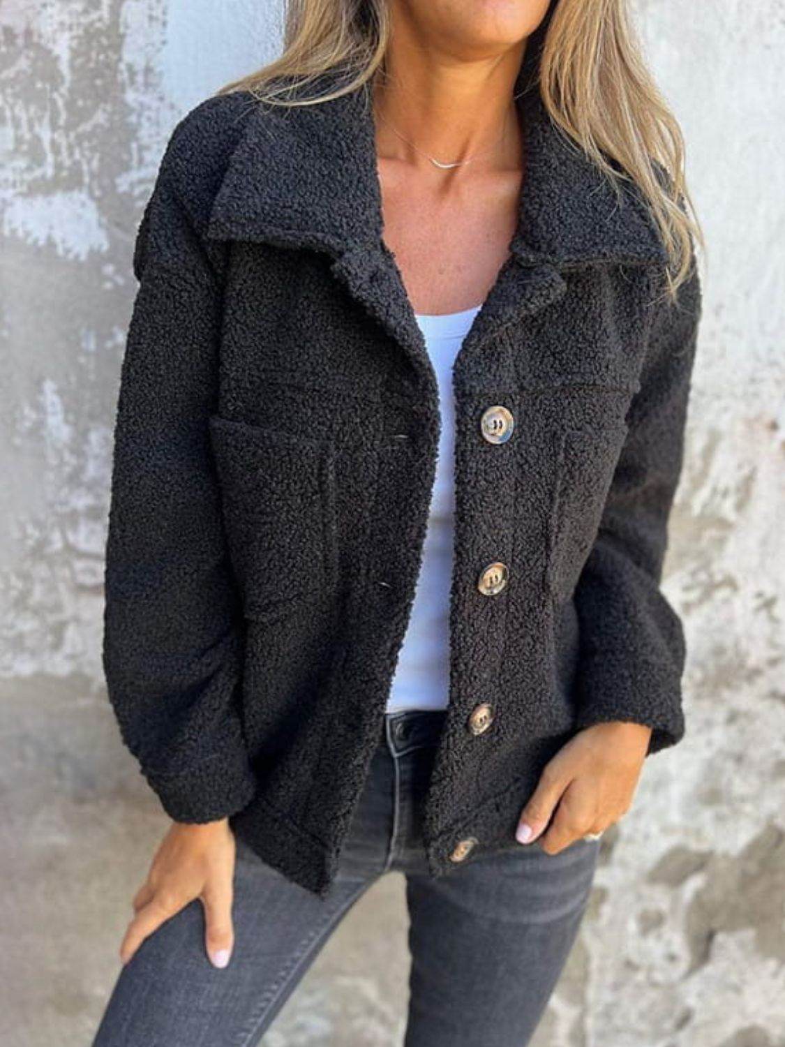 Fuzzy Long Sleeve Button-Up Jacket - MARIGOLD