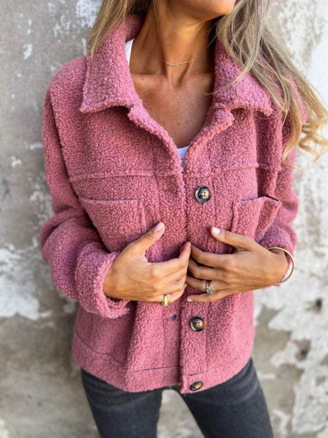 Fuzzy Long Sleeve Button-Up Jacket - MARIGOLD