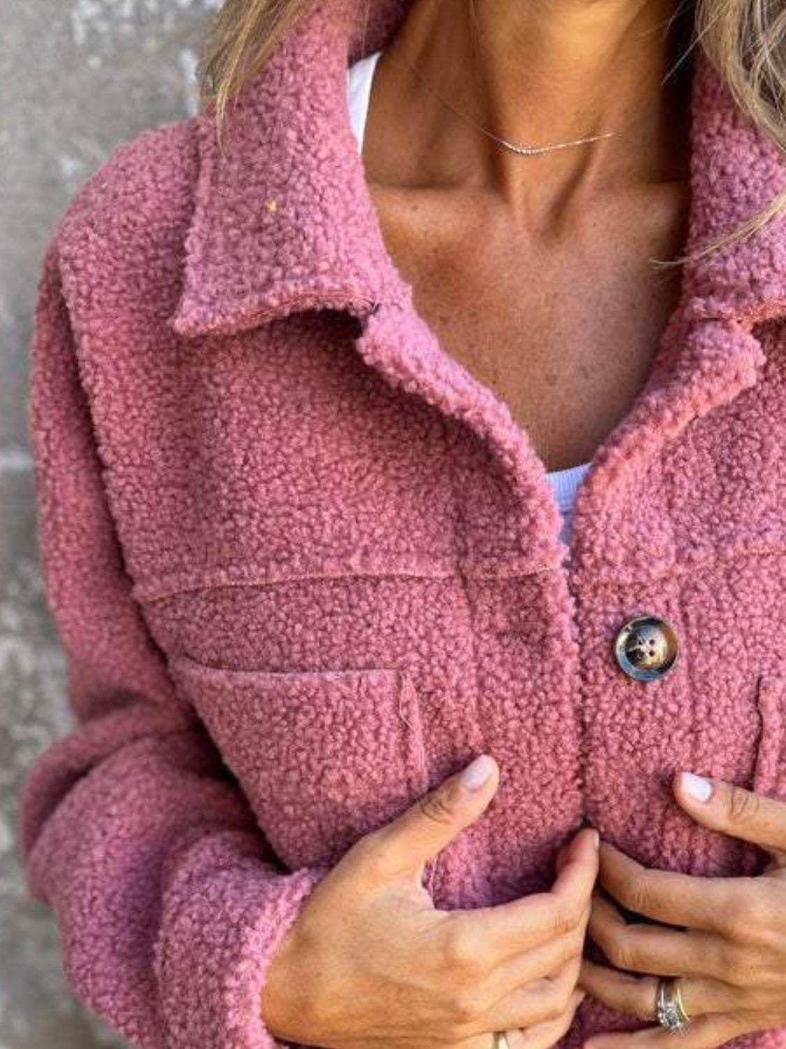Fuzzy Long Sleeve Button-Up Jacket - MARIGOLD