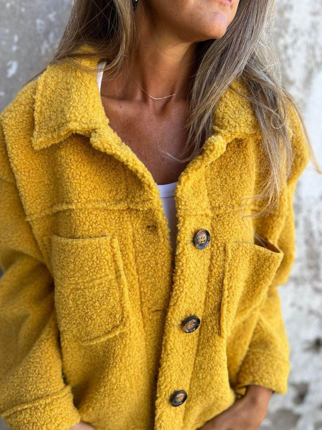 Fuzzy Long Sleeve Button-Up Jacket - MARIGOLD