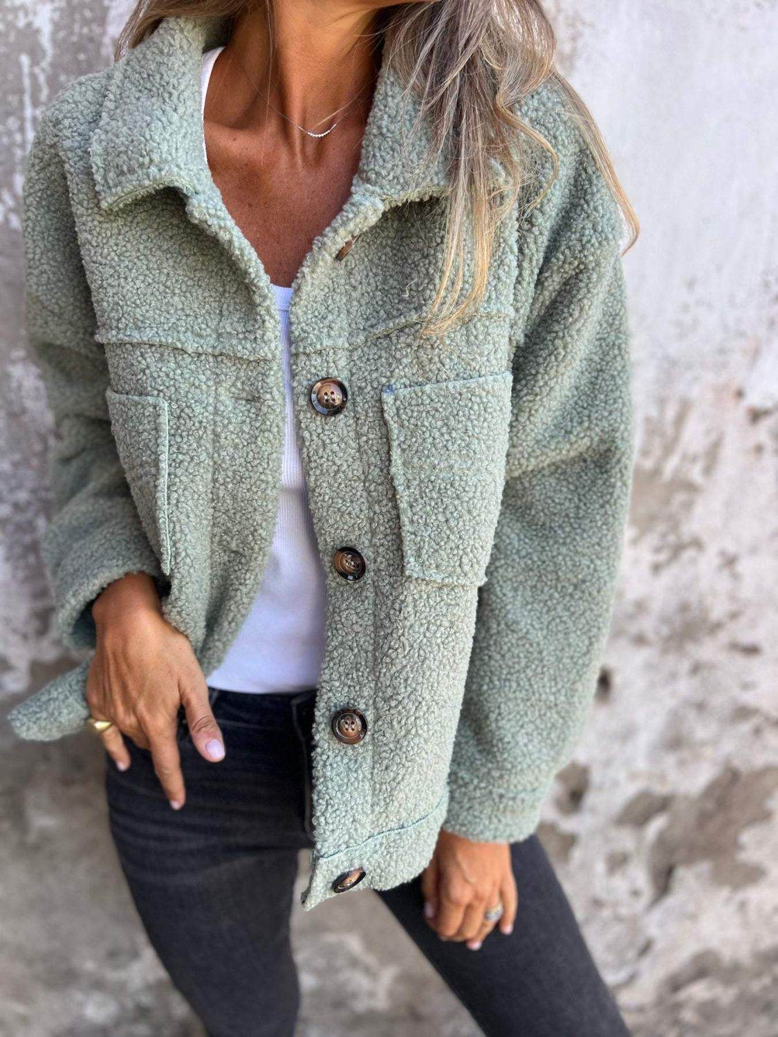 Fuzzy Long Sleeve Button-Up Jacket - MARIGOLD
