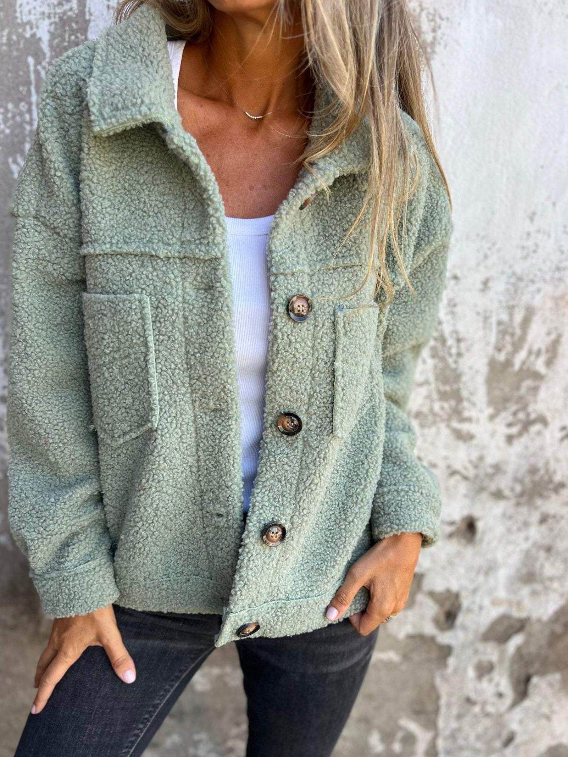 Fuzzy Long Sleeve Button-Up Jacket - MARIGOLD