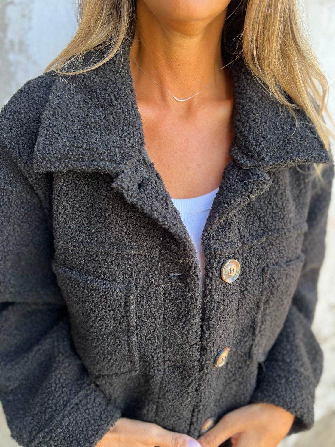 Fuzzy Long Sleeve Button-Up Jacket - MARIGOLD