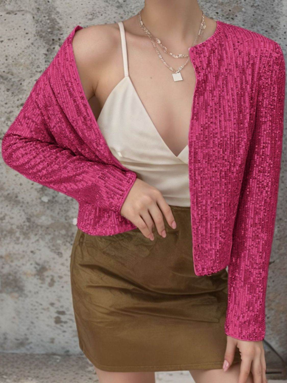Sparkly Sequin Open Front Cropped Jacket - MARIGOLD