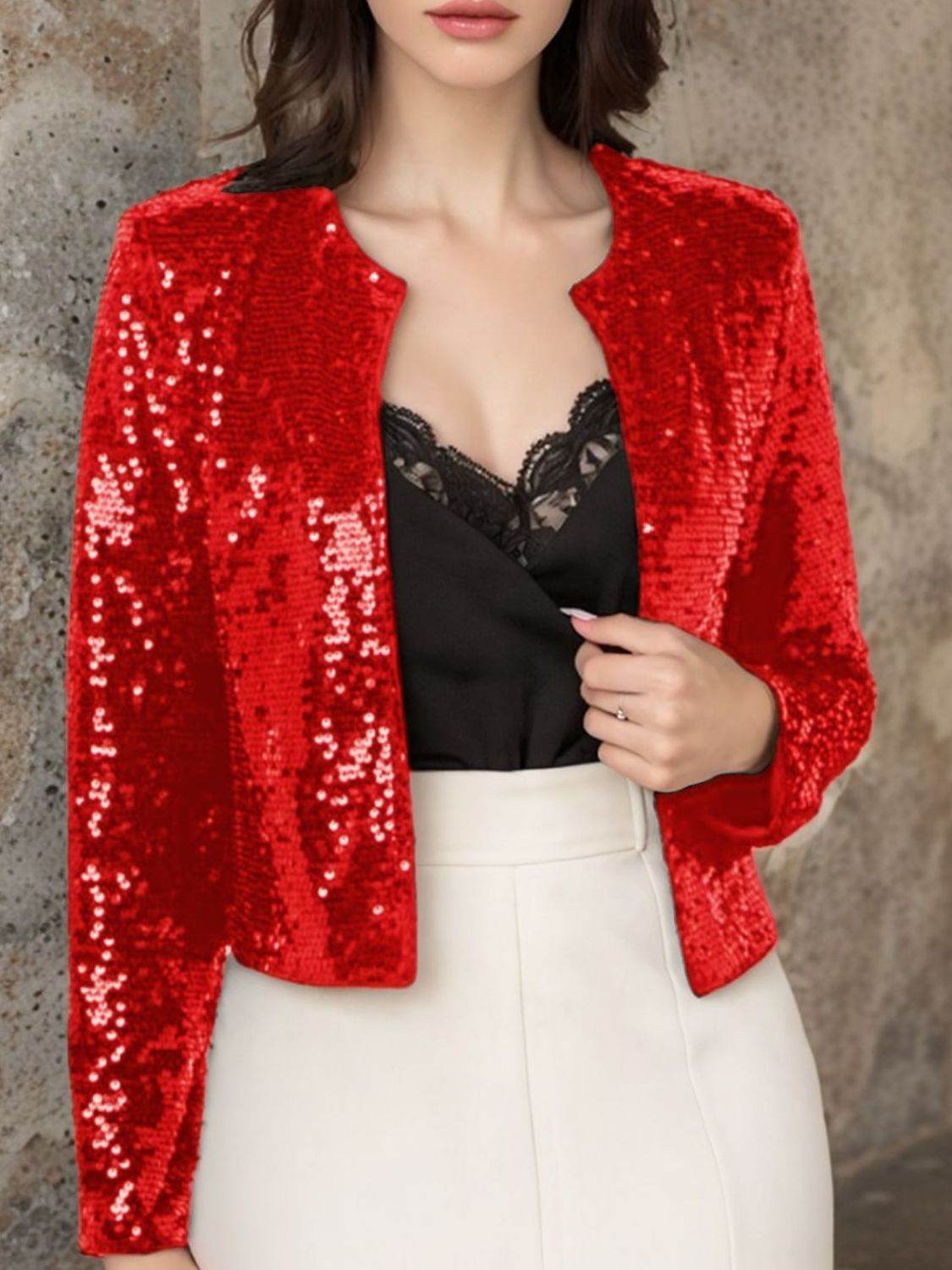 Sparkly Sequin Open Front Cropped Jacket - MARIGOLD
