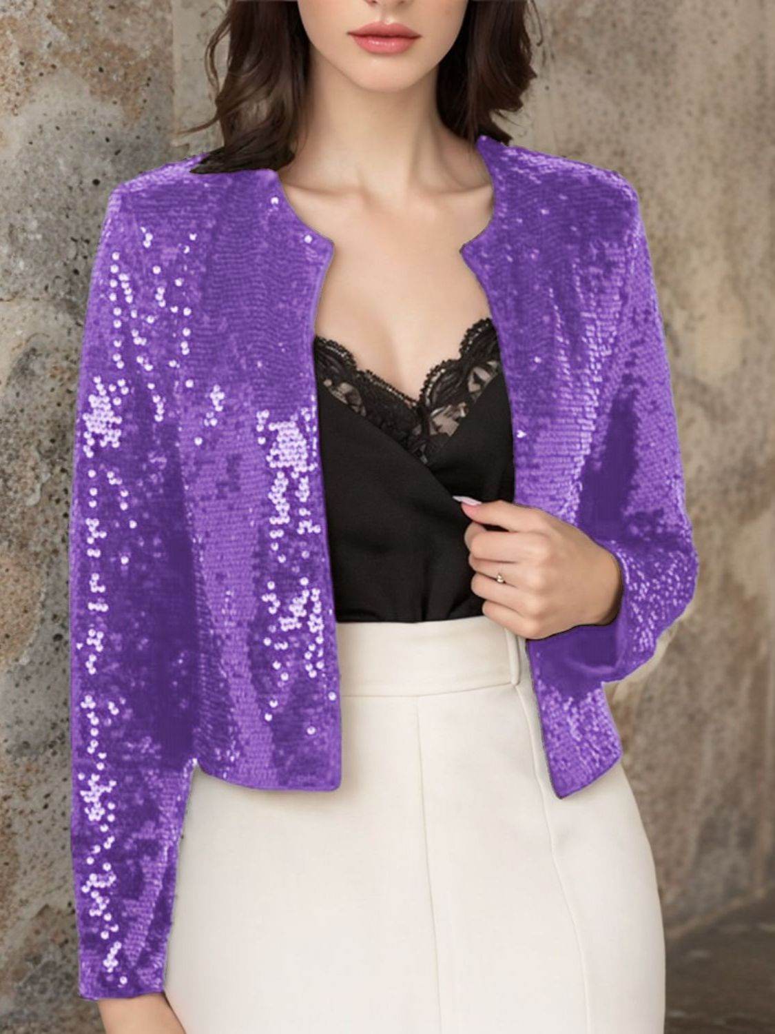 Sparkly Sequin Open Front Cropped Jacket - MARIGOLD