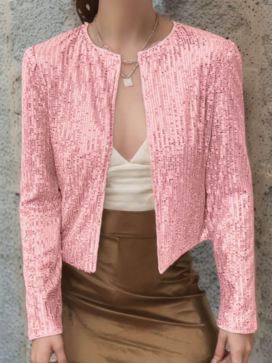 Sparkly Sequin Open Front Cropped Jacket - MARIGOLD