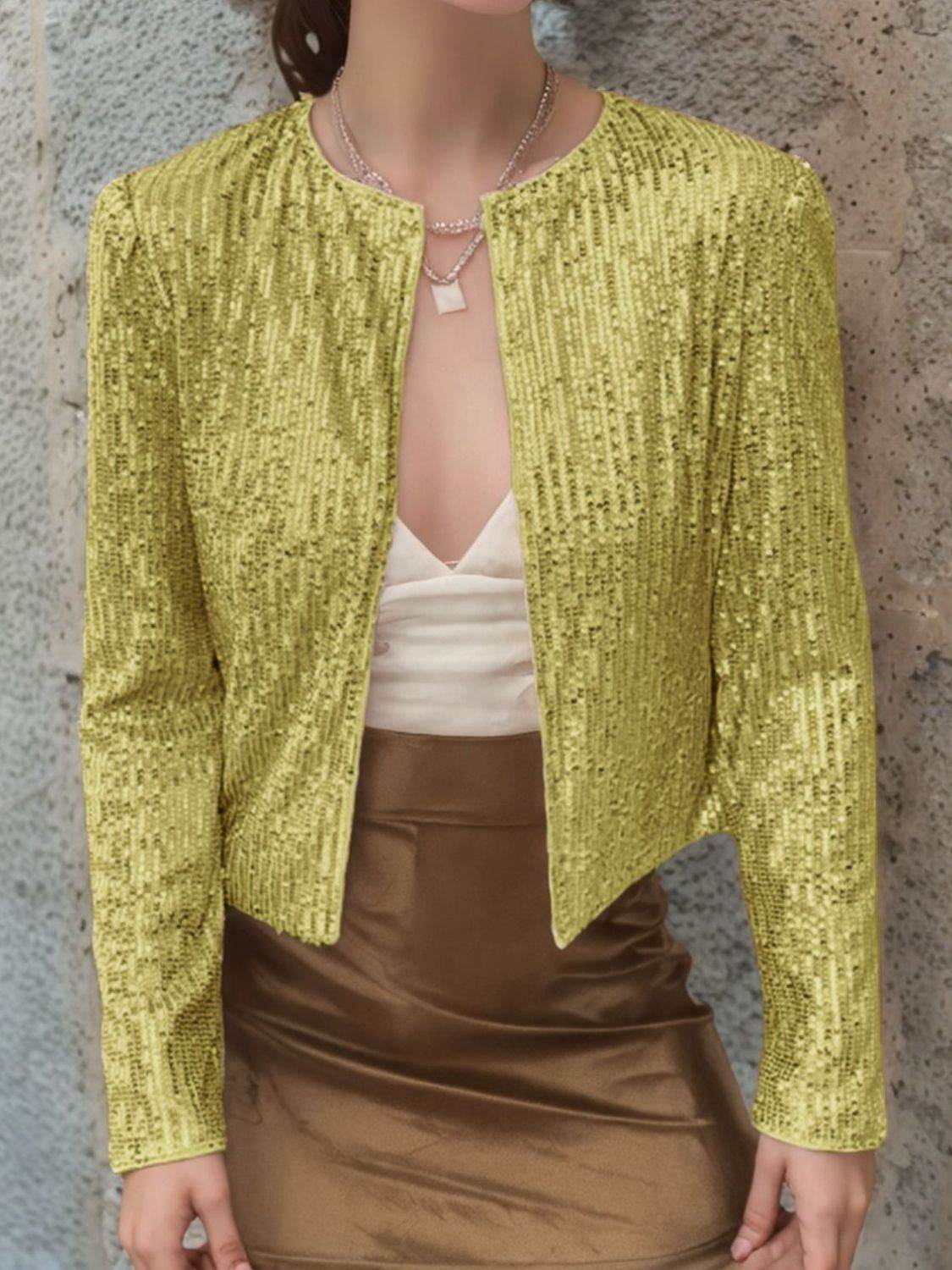 Sparkly Sequin Open Front Cropped Jacket - MARIGOLD