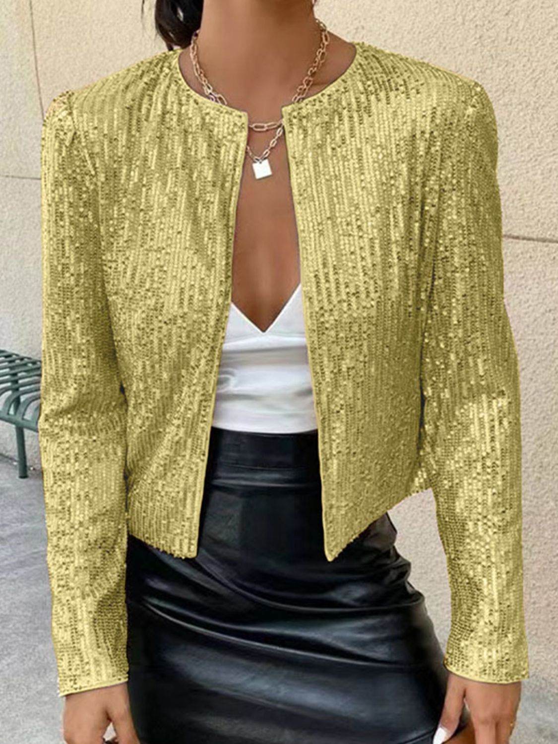 Sparkly Sequin Open Front Cropped Jacket - MARIGOLD
