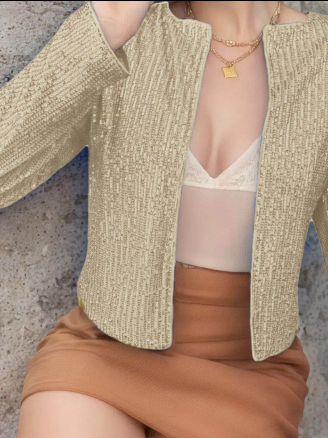 Sparkly Sequin Open Front Cropped Jacket - MARIGOLD