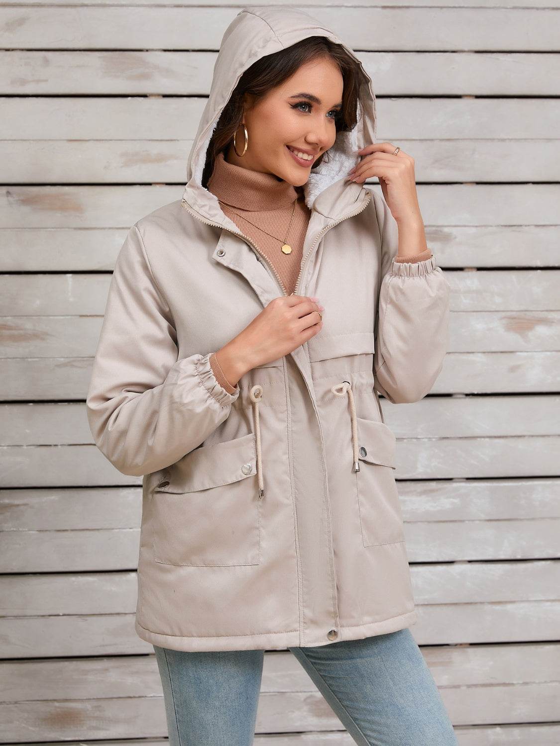 Drawstring Long Sleeve Hooded Jacket - MARIGOLD