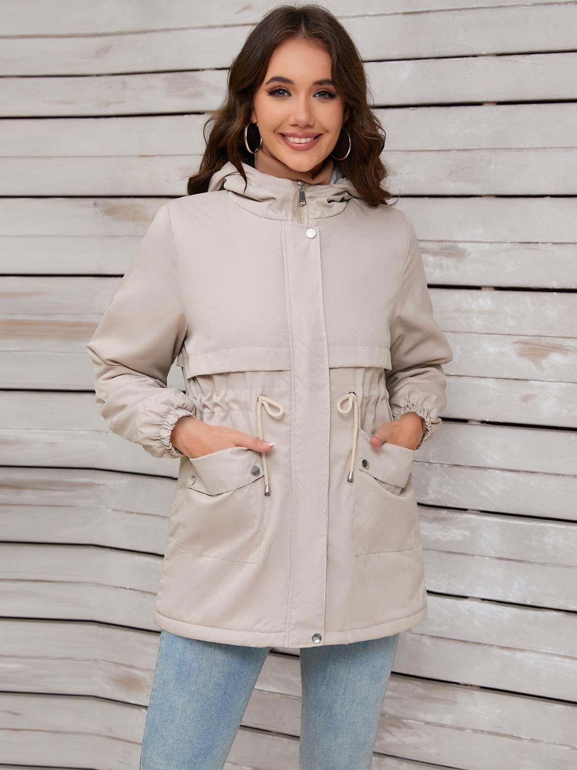 Drawstring Long Sleeve Hooded Jacket - MARIGOLD