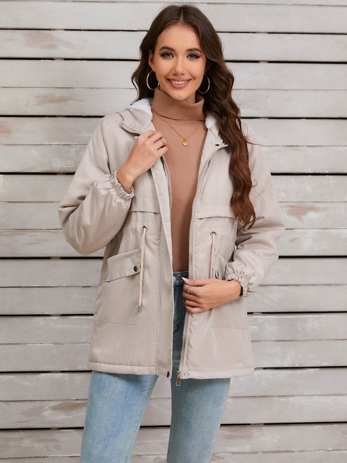 Drawstring Long Sleeve Hooded Jacket - MARIGOLD