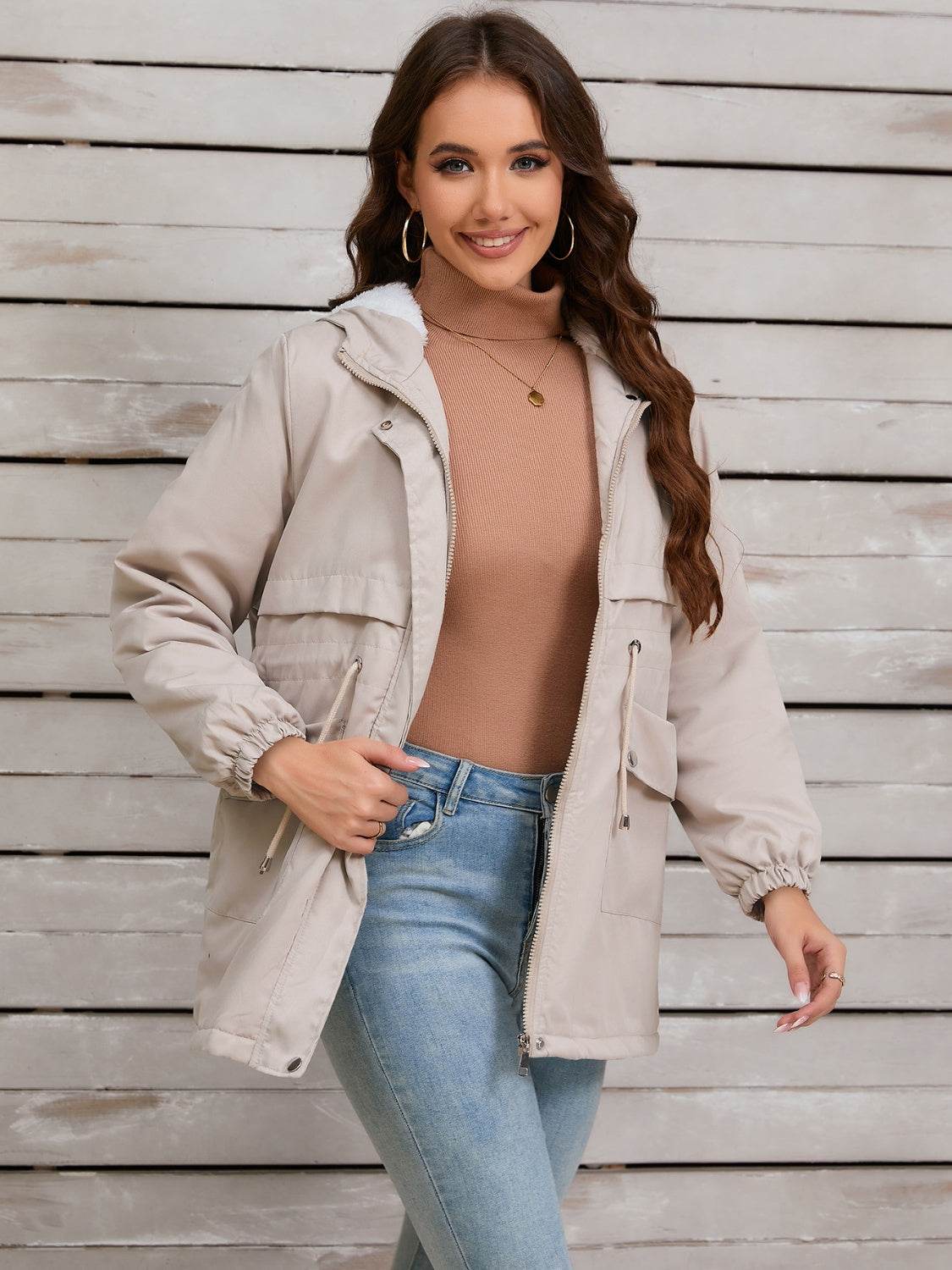 Drawstring Long Sleeve Hooded Jacket - MARIGOLD