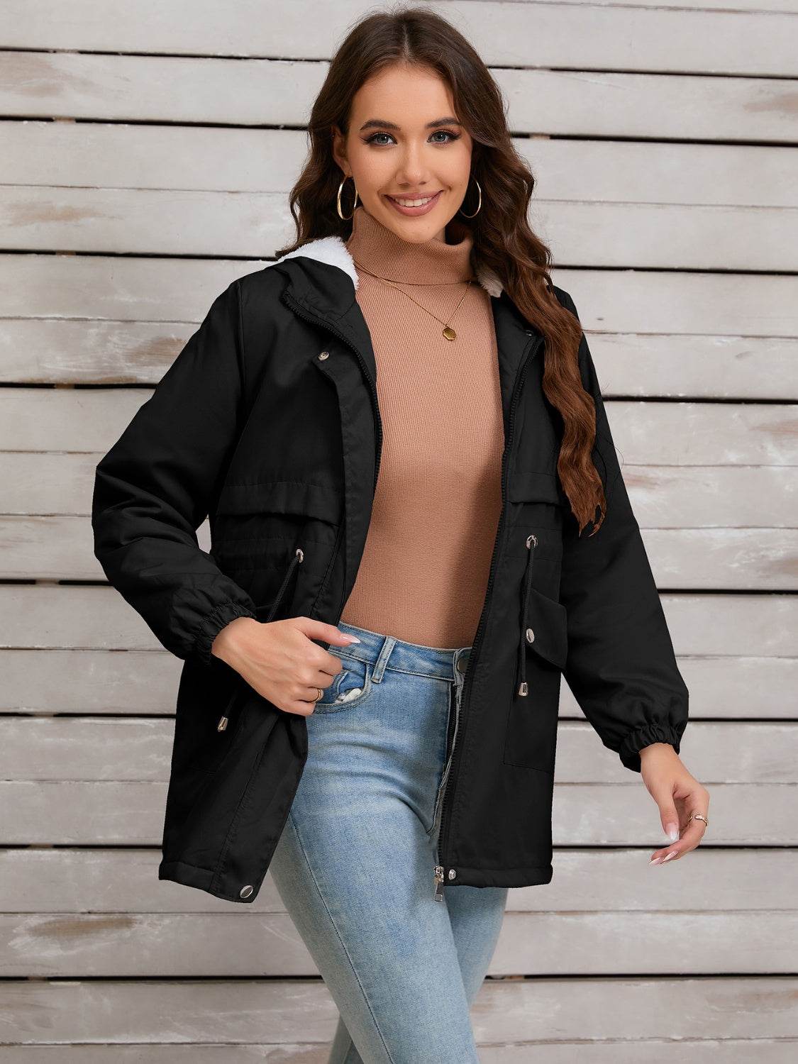 Drawstring Long Sleeve Hooded Jacket - MARIGOLD